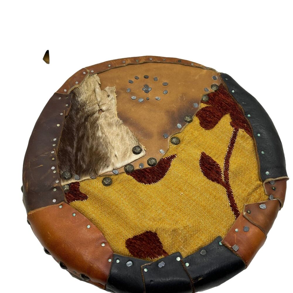 VIking Shield Hand Made Round Covered in Leather, Fabric, Calf Skin, Nail Detail - Picture 9 of 10